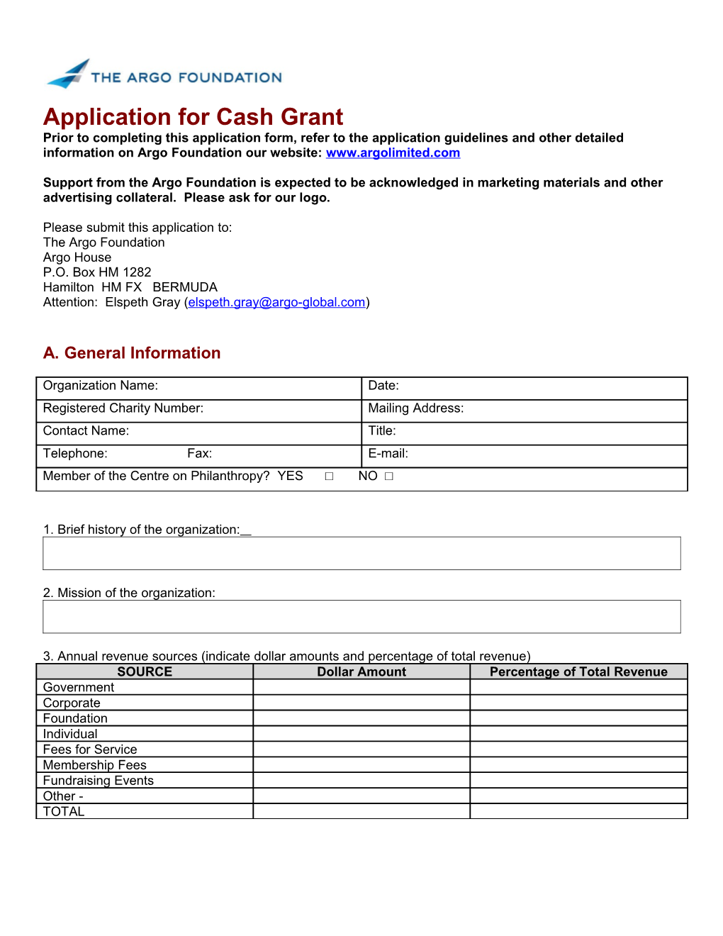THE ARGO FOUNDATION Application for Cash Grant