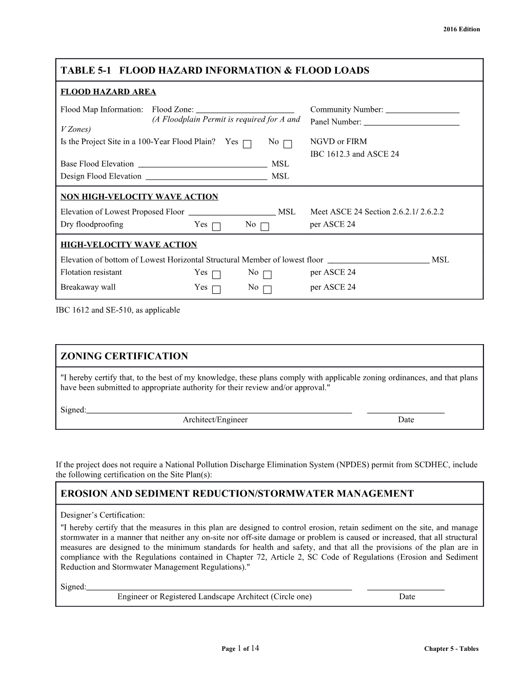 TABLE 5-1 FLOOD HAZARD INFORMATION and FLOOD LOADS