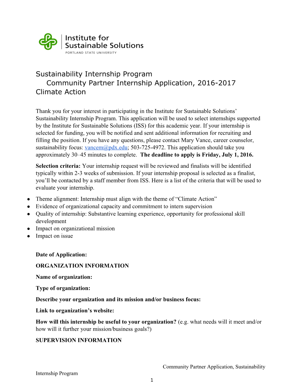 Sustainability Internship Programcommunity Partner Internship Application, 2016-2017