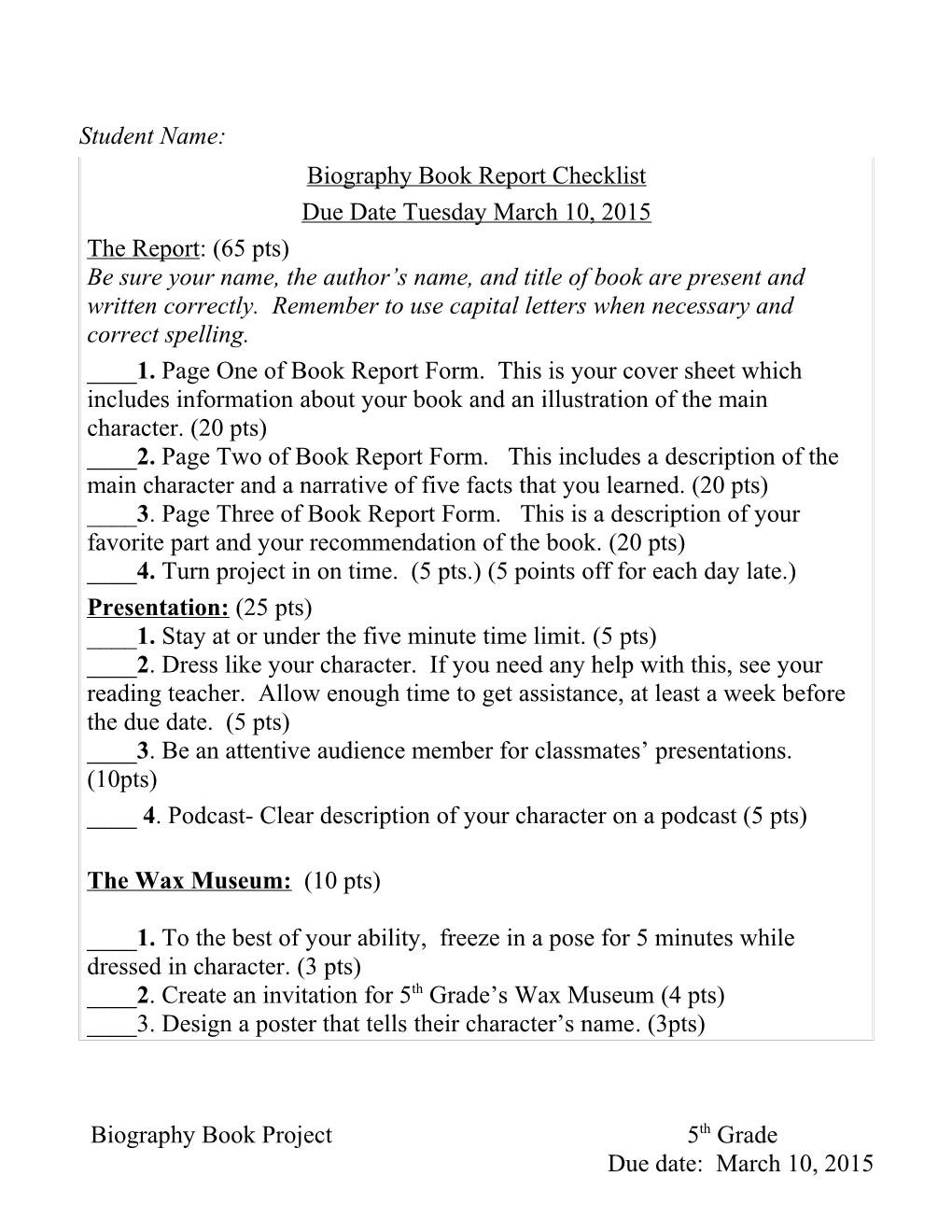 Biography Book Report Checklist