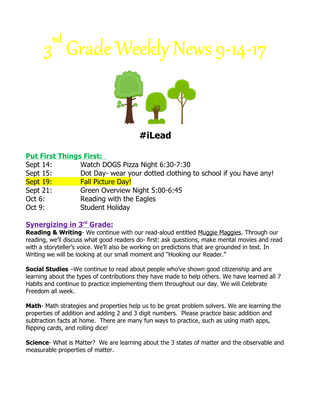 3Rd Grade Weekly News 9-14-17