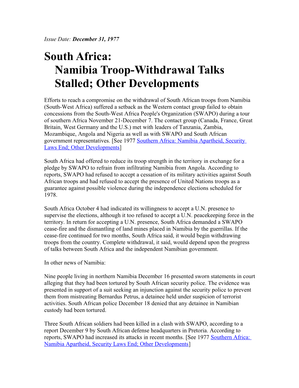 South Africa:Namibia Troop-Withdrawal Talks Stalled; Other Developments