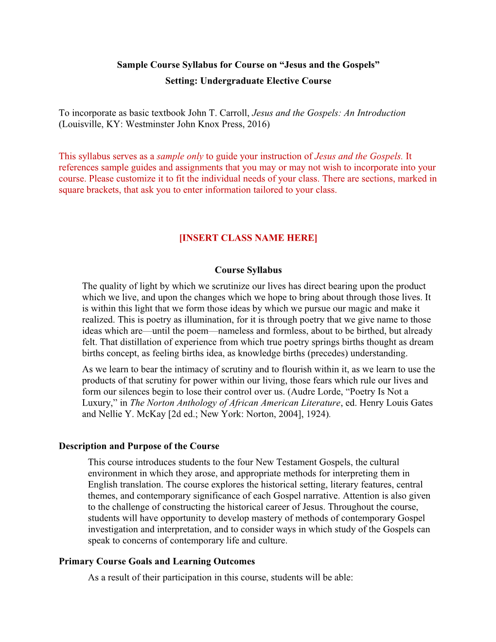 Sample Course Syllabus for Course on Jesus and the Gospels