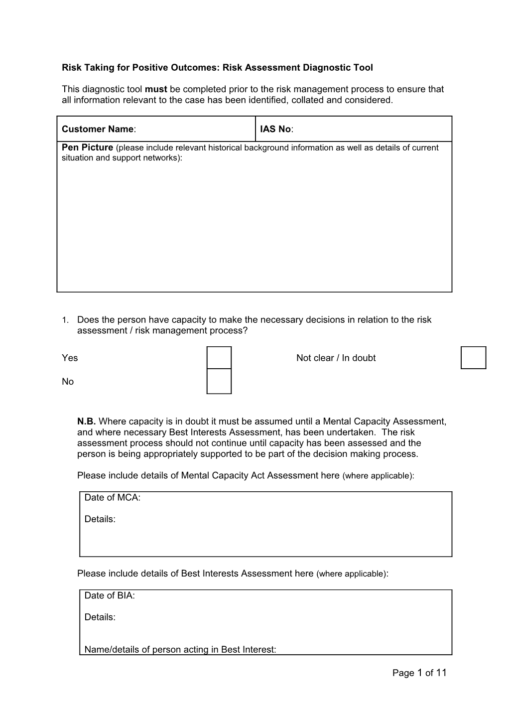 Risk Taking for Positive Outcomes: Risk Assessment Diagnostic Tool