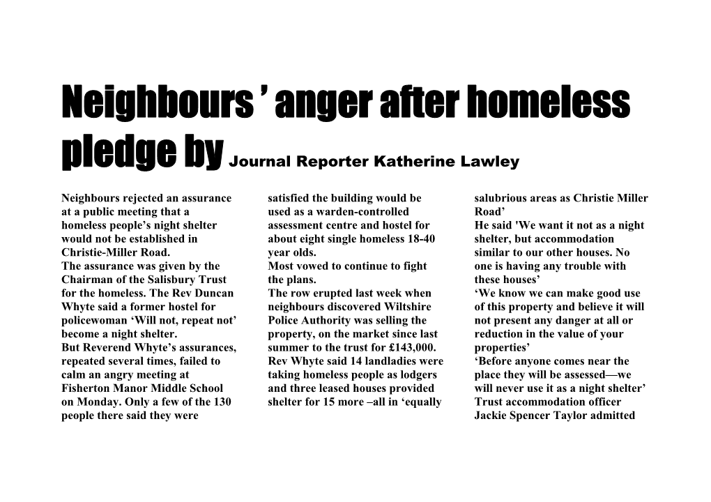 Neighbours Anger After Homeless Pledge by Journal Reporter Katherine Lawley