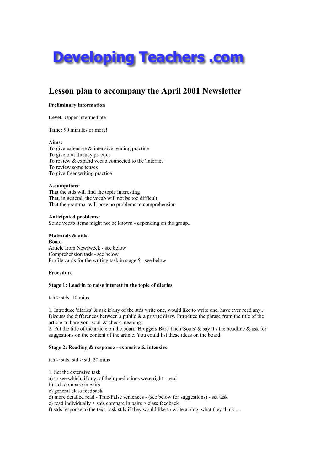 Lesson Plan to Accompany the April 2001 Newsletter