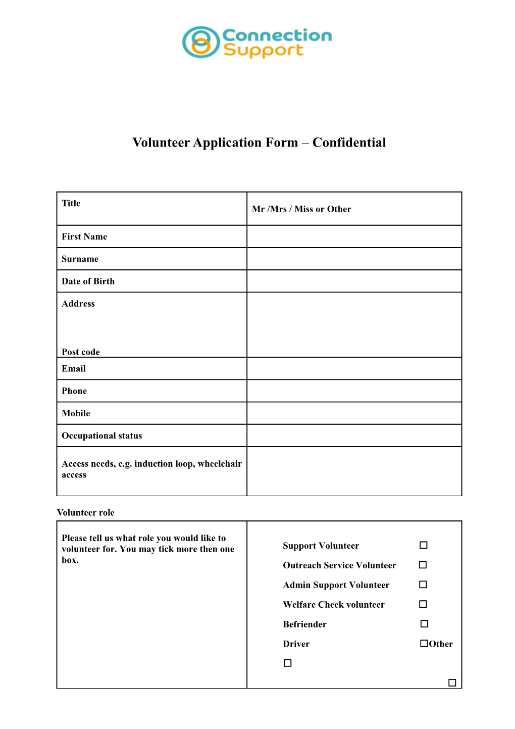 Volunteer Application Form Confidential