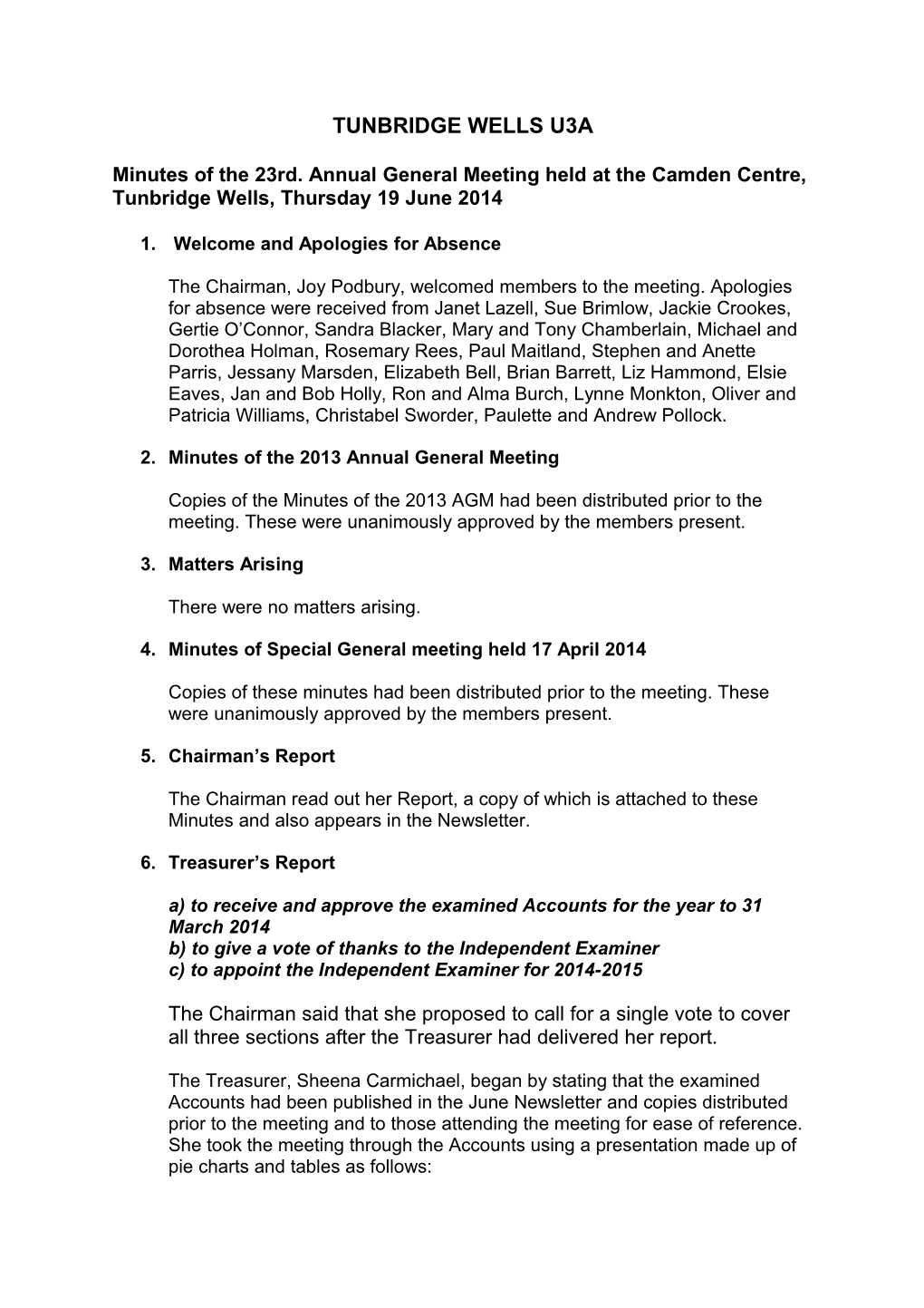 Minutes of the 23Rd. Annual General Meeting Held at the Camden Centre