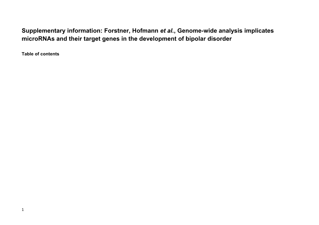 Supplementary Information: Forstner, Hofmann Et Al., Genome-Wide Analysis Implicates Micrornas