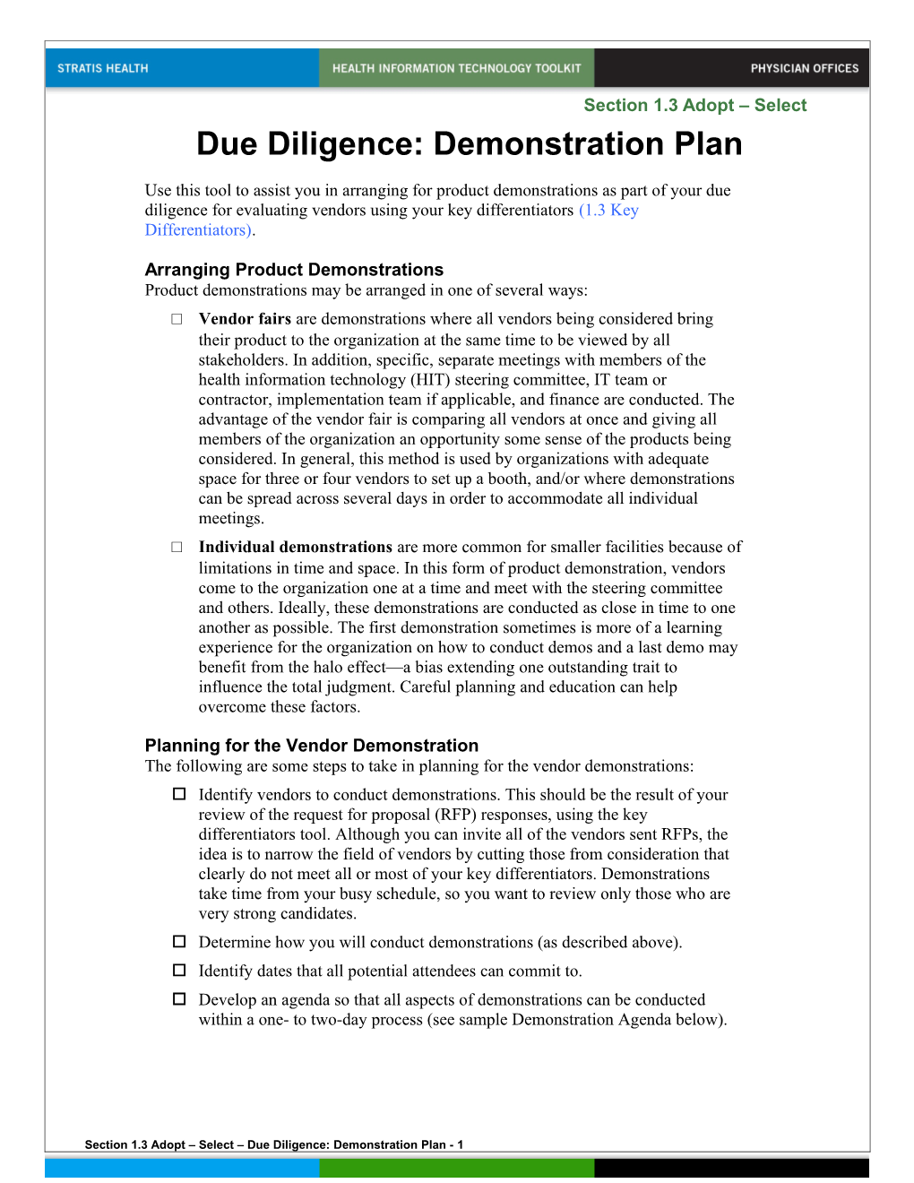 Due Diligence:Demonstration Plan