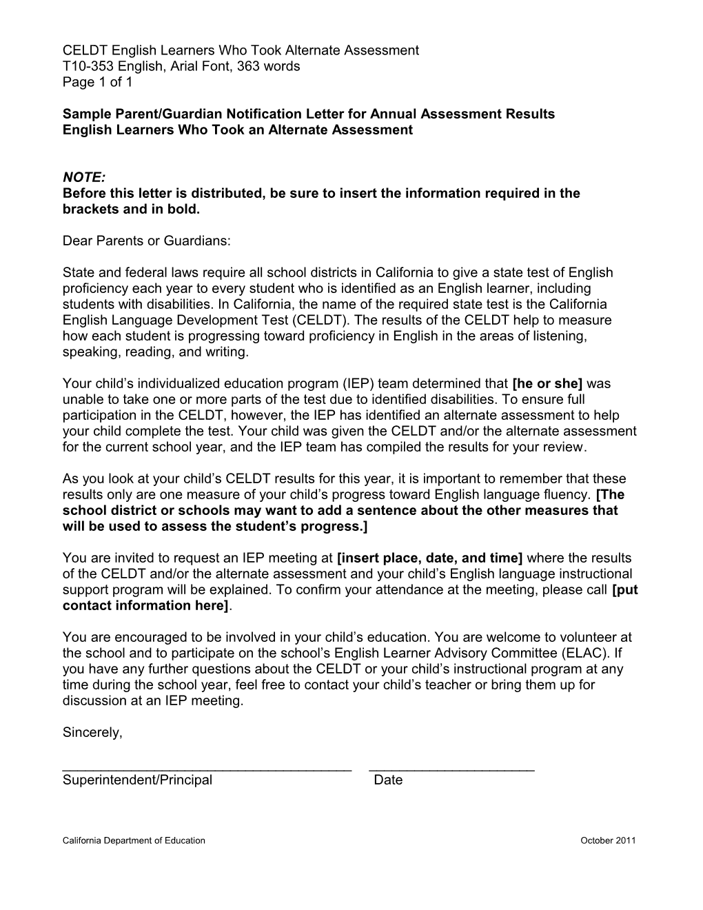 CELDT 2011 Sample Letter of EL Who Took an Alternate Assessment - CELDT (CA Dept of Education)