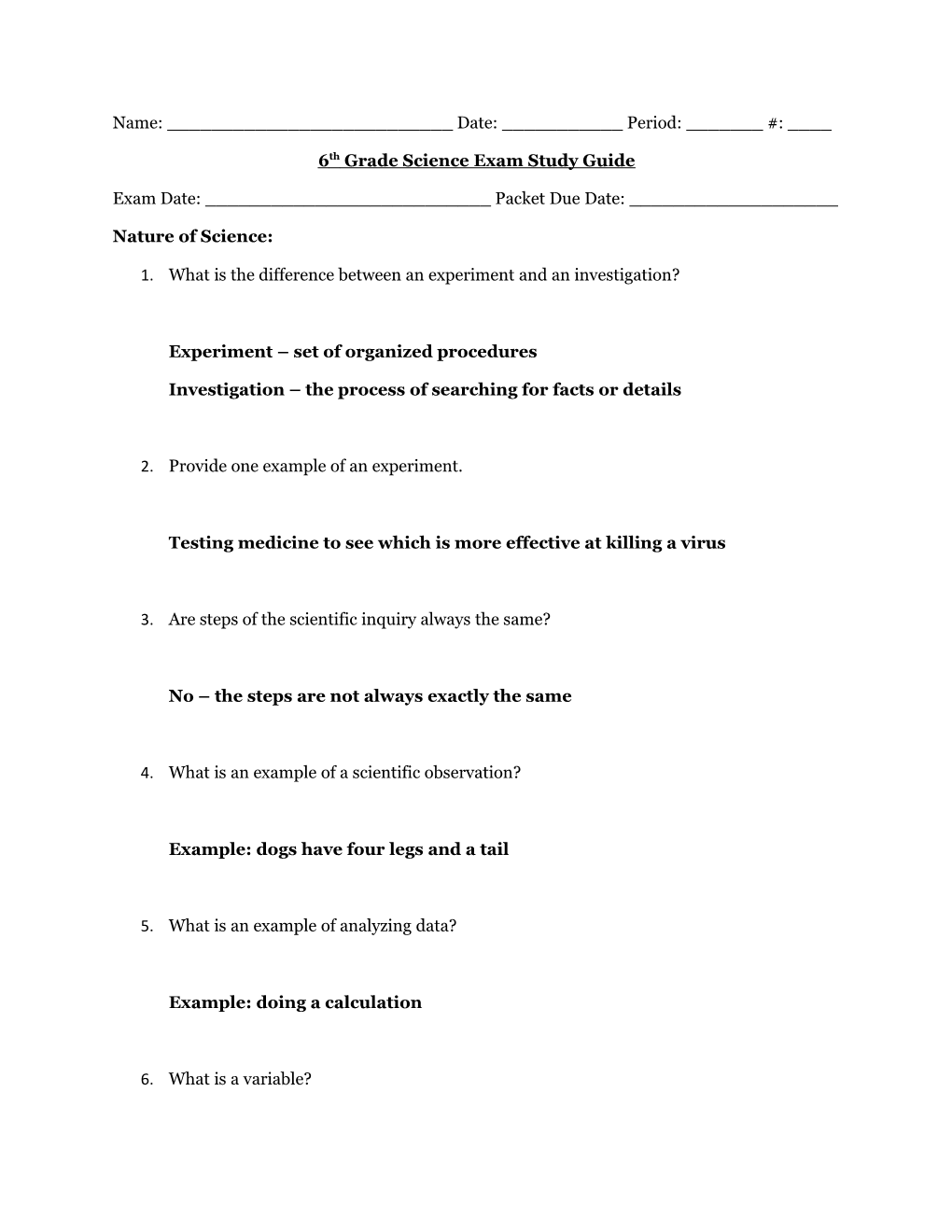 6Th Grade Science Exam Study Guide