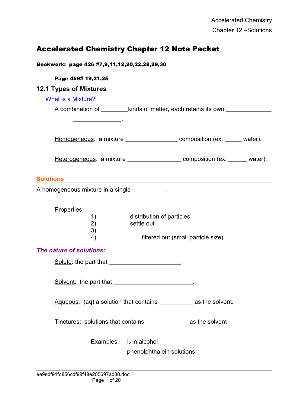 Accelerated Chemistrychapter 12 Note Packet