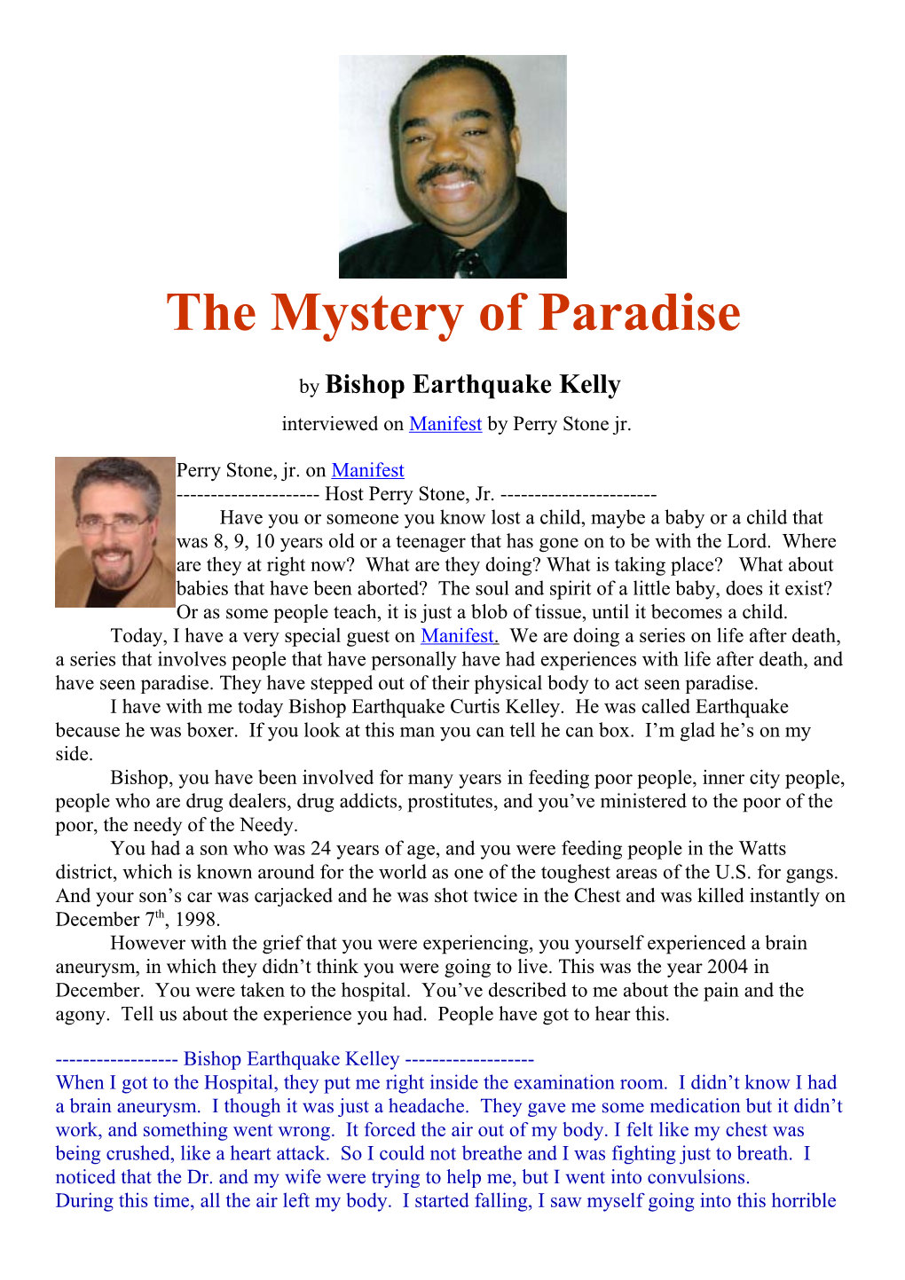 The Mystery of Paradise by Bishop Earthquake Kelly Interviewed on Manifest by Perry Stone Jr