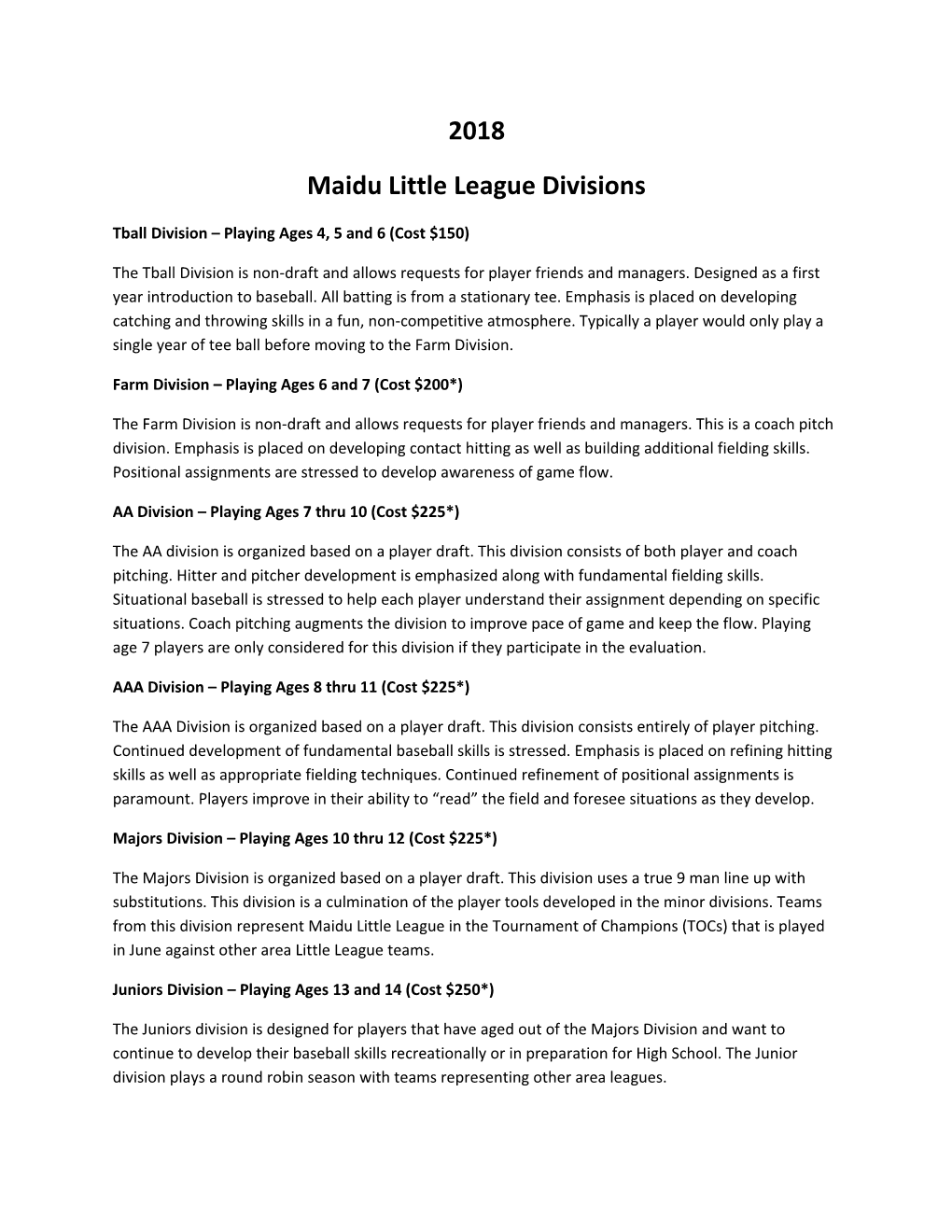 Maidu Little League Divisions