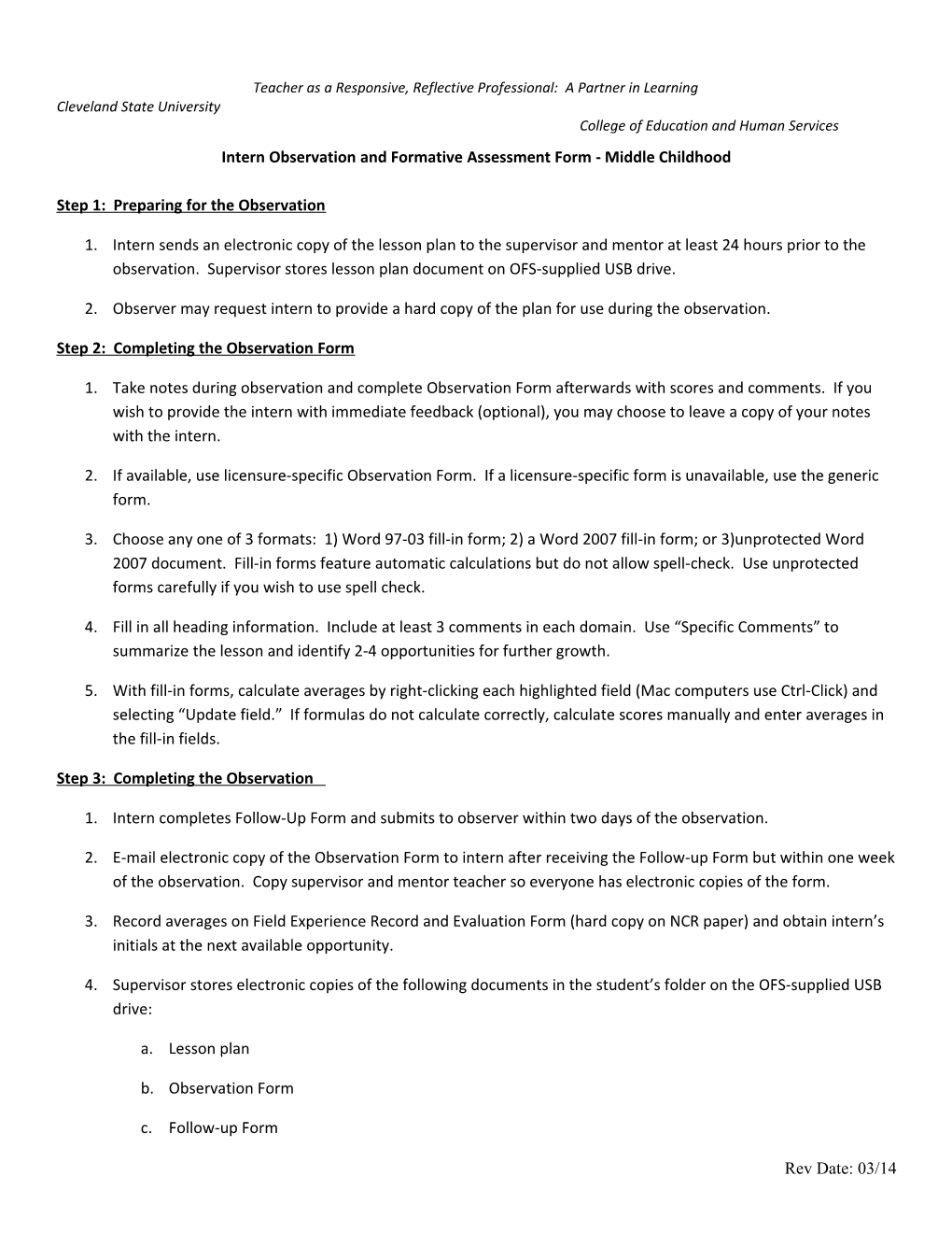 Intern Observation and Formative Assessment Form - Middle Childhood