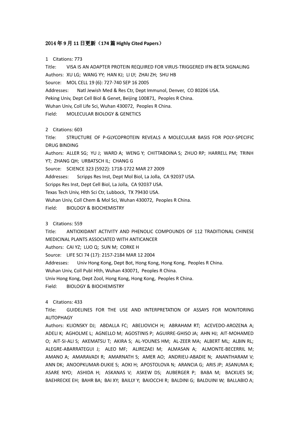 2014年9月11日更新 174篇highly Cited Papers