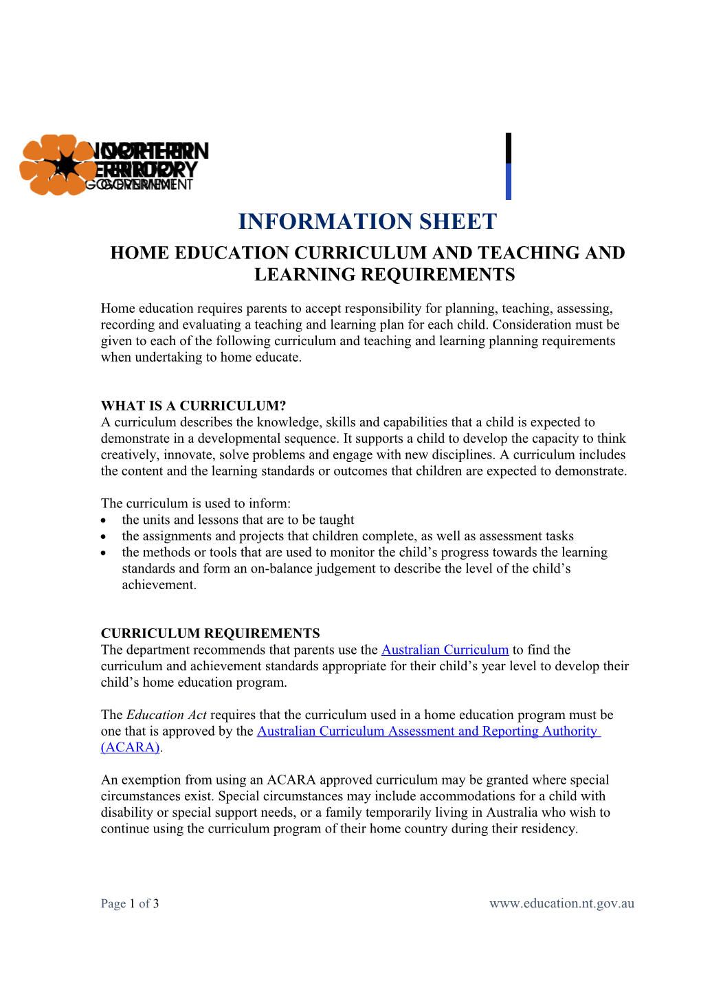 Home Education Curriculum and Teaching and Learning Requirements