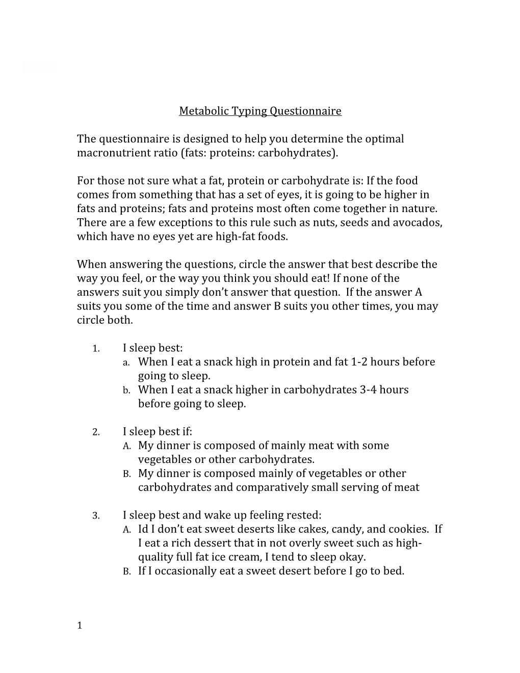 Metabolic Typing Questionnaire