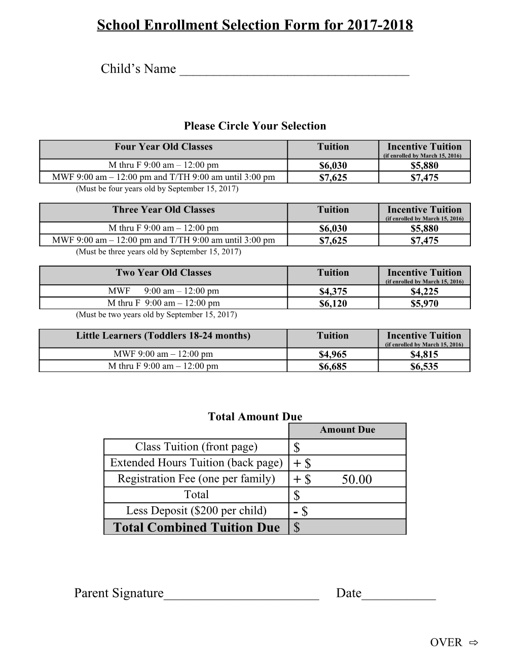 Nursery School Enrollment Selection Form for 2013-2014