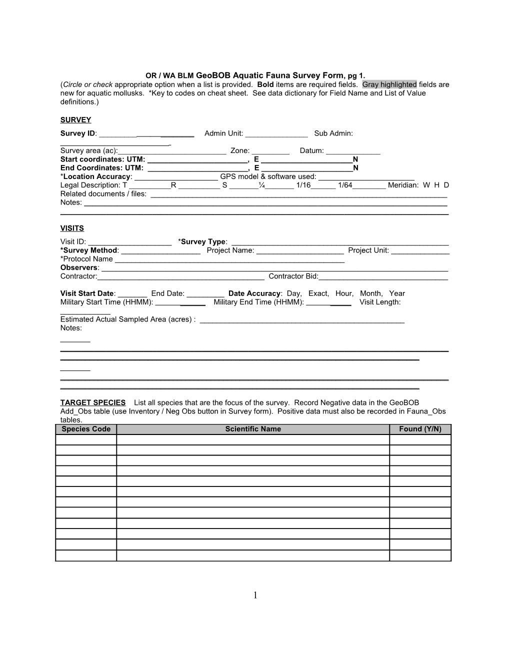 OR / WA BLM Geobob Aquatic Fauna Survey Form, Pg 1