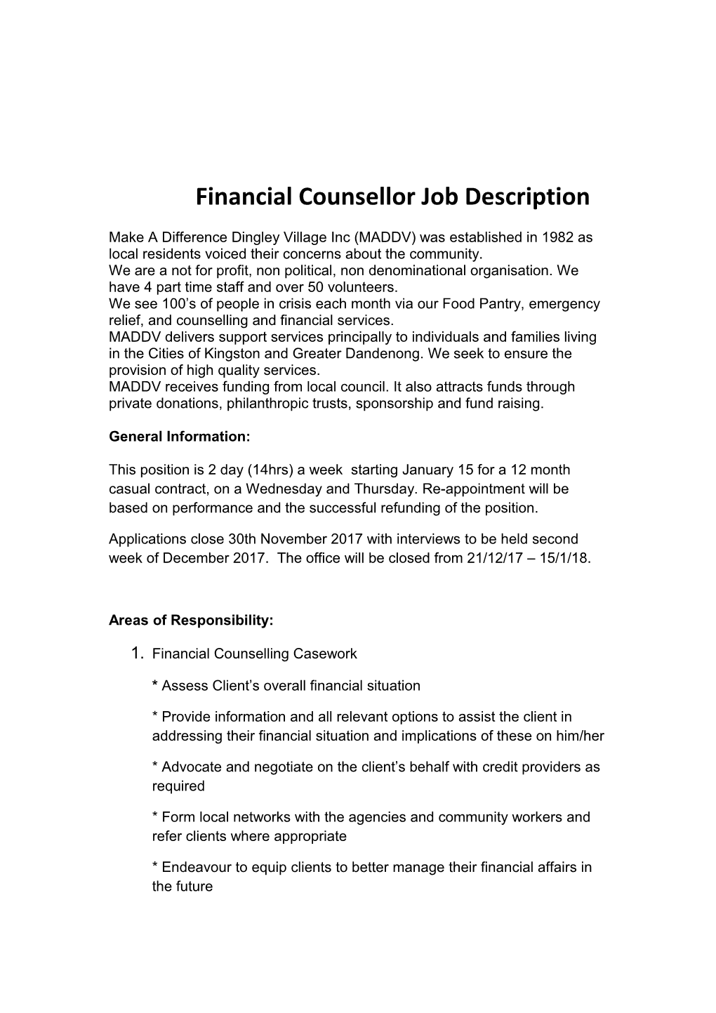 Financial Counsellor Job Description