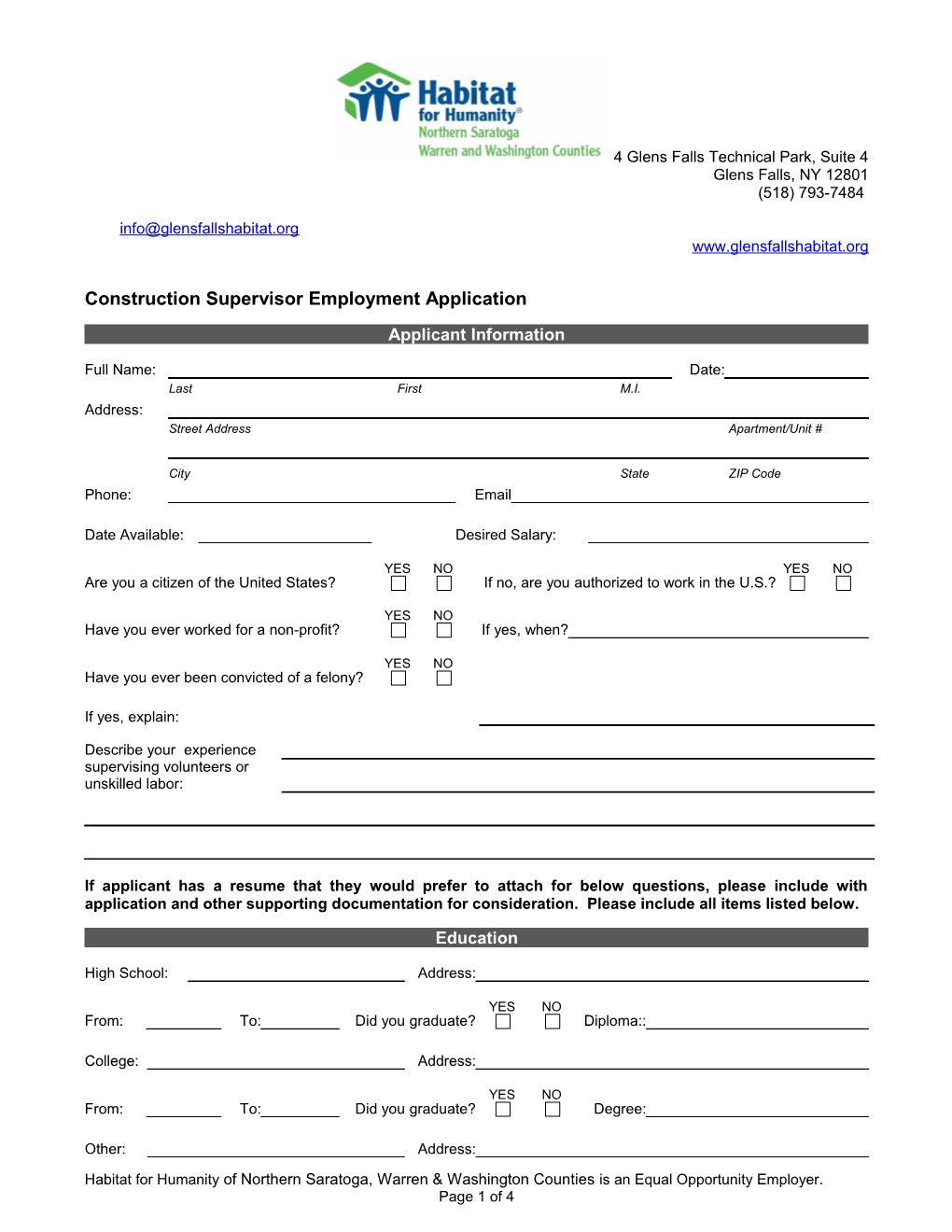 Construction Supervisor Employment Application