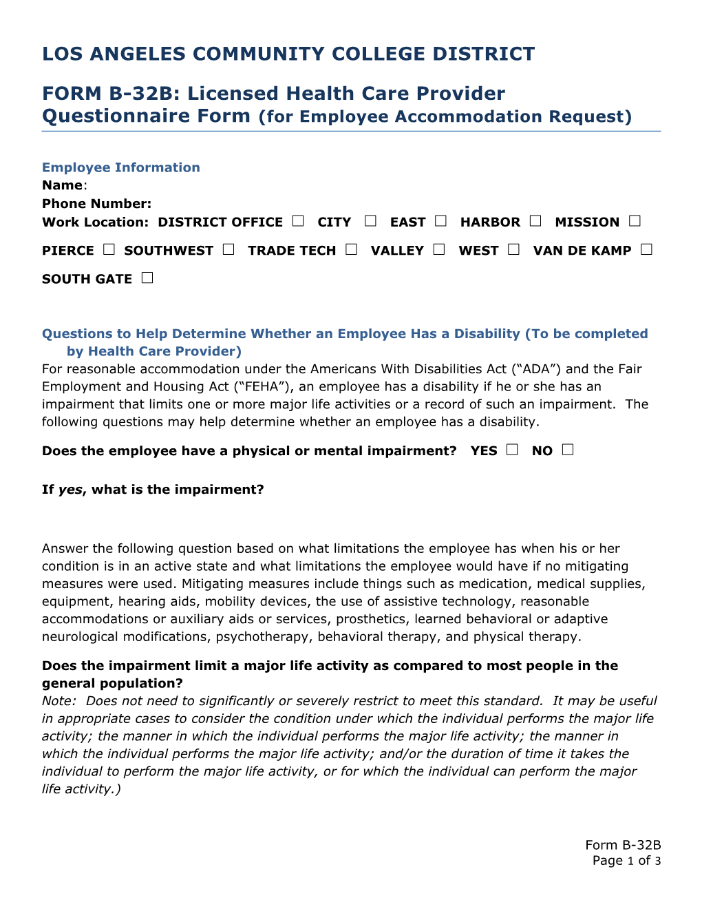 B-32B Licensed Health Care Provider Questionnaire Form