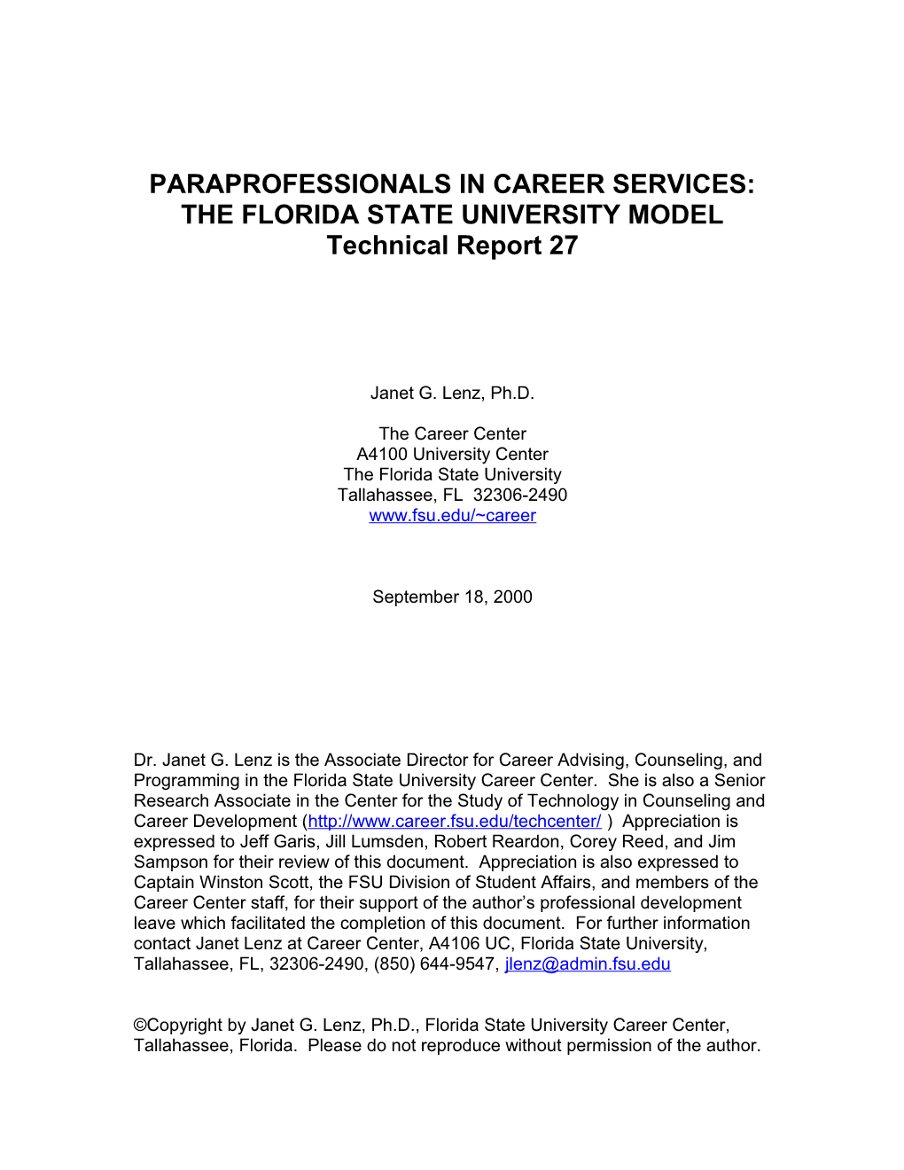 Paraprofessionals in Career Services: the Florida Stat E University Model