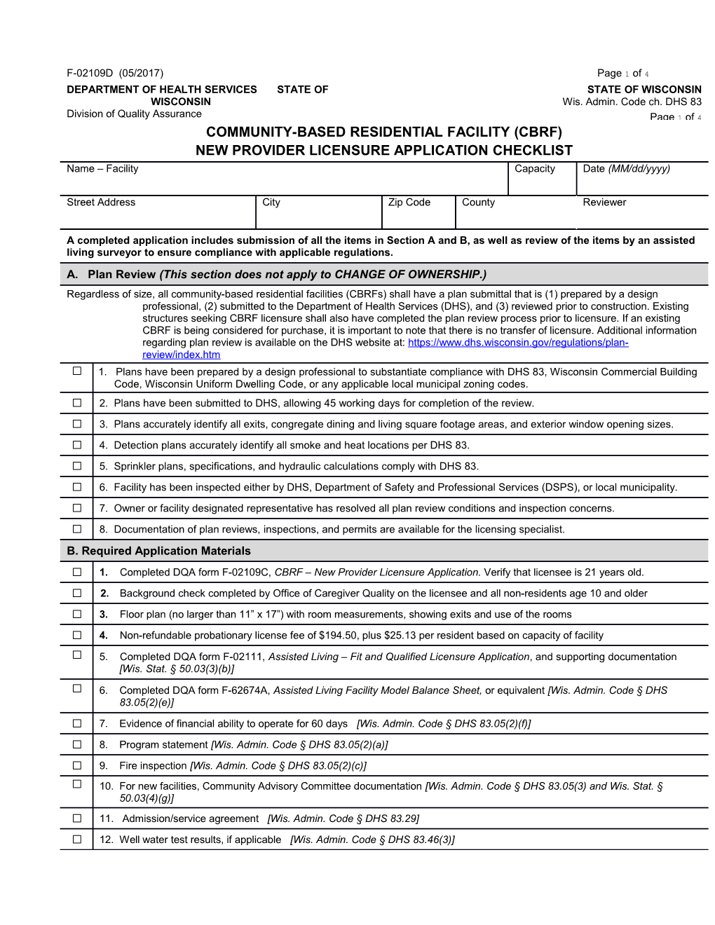 Community-Based Residential Facility - New Provider Licensure Application Checklist, F-02109D