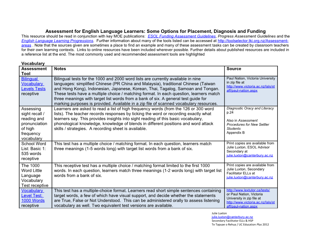 Assessment for English Language Learners: Some Options for Placement, Diagnosis and Funding