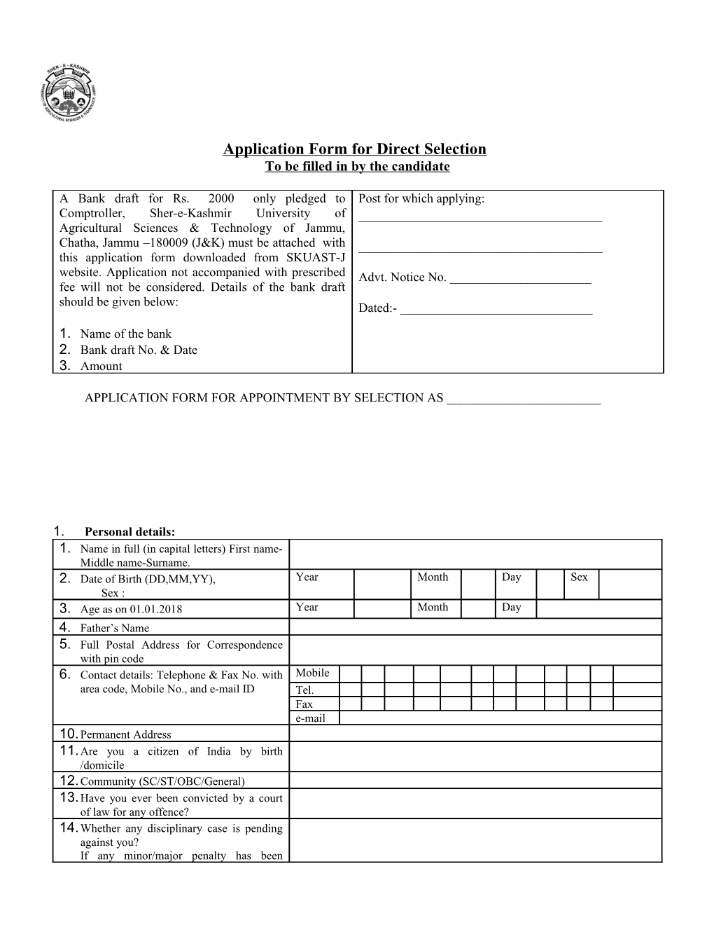 Application Form for Direct Selection