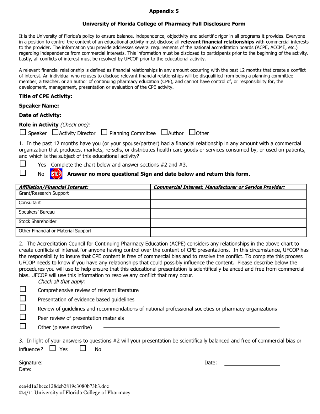 University of Florida College of Pharmacyfull Disclosure Form