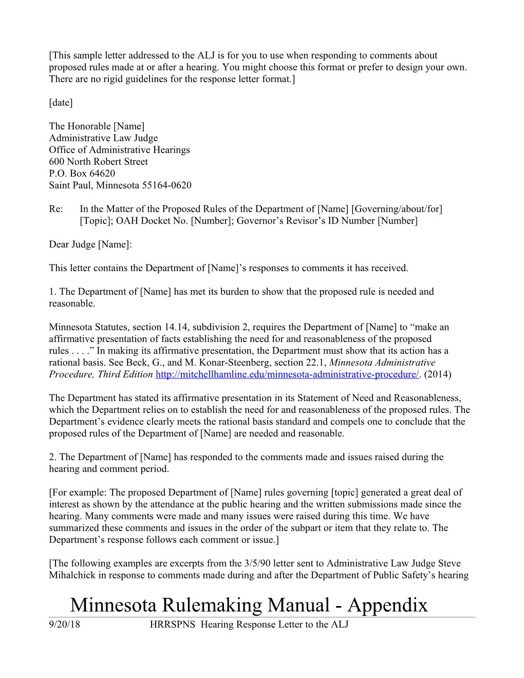 Minnesota Rulemaking Manual: Hearing Response Letter to the ALJ