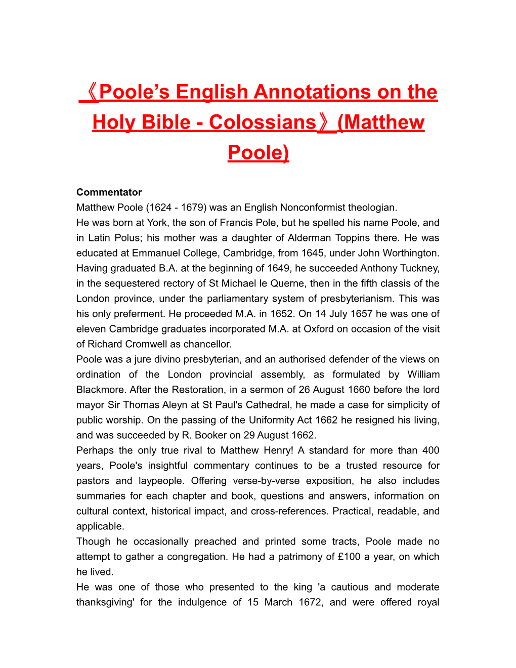 Poole S English Annotationson the Holy Bible - Colossians (Matthew Poole)