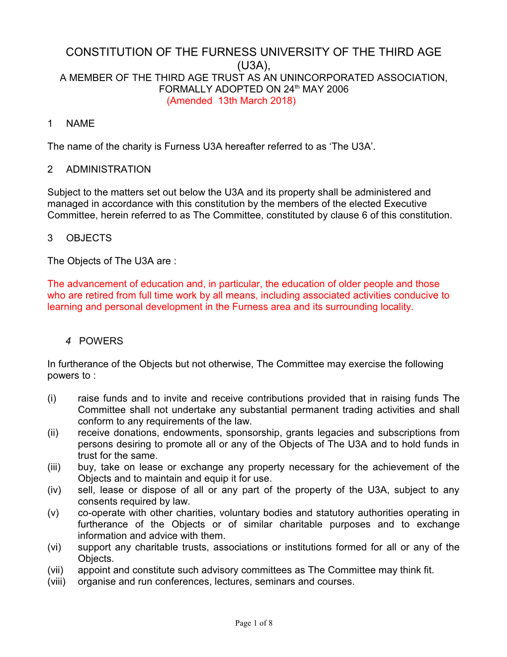 Constitution of the Furness University of the Third Age (U3a)