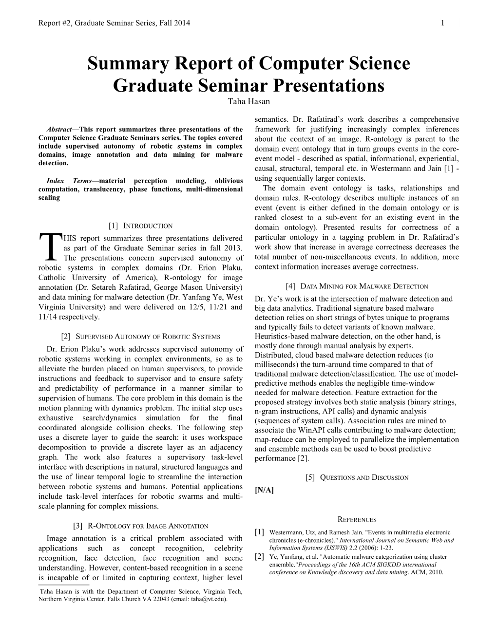 Report #2, Graduate Seminar Series, Fall 2014