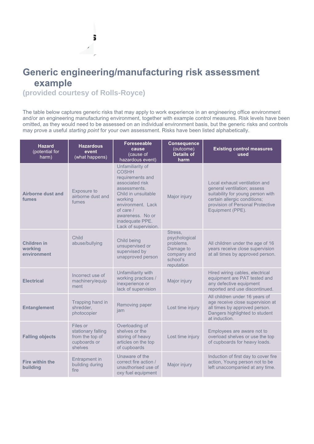 Generic Engineering/Manufacturing Risk Assessment Example
