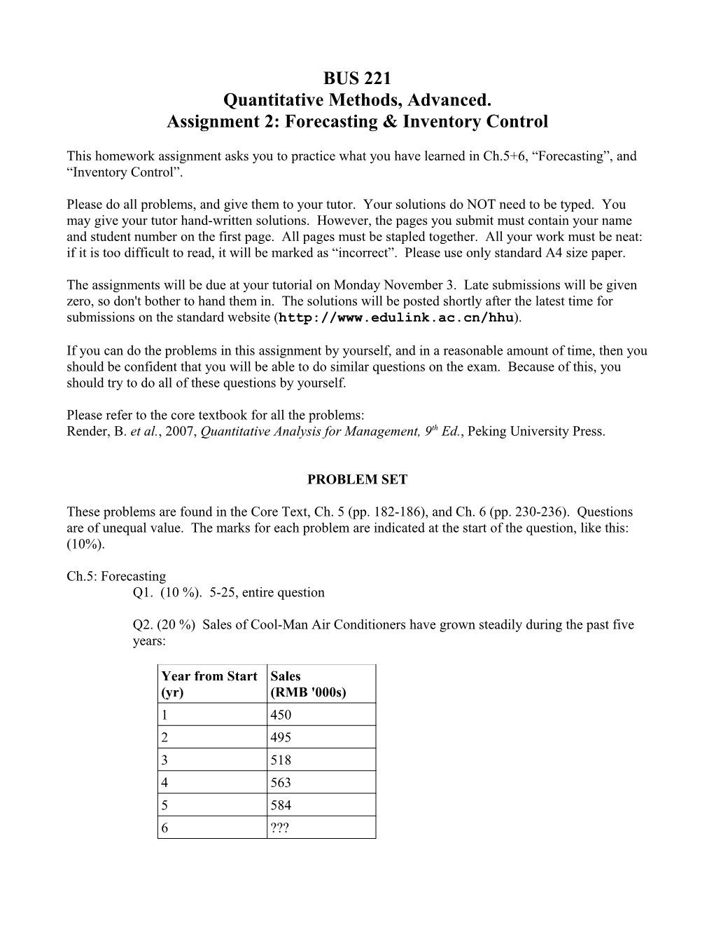Assignment 2: Forecasting & Inventory Control