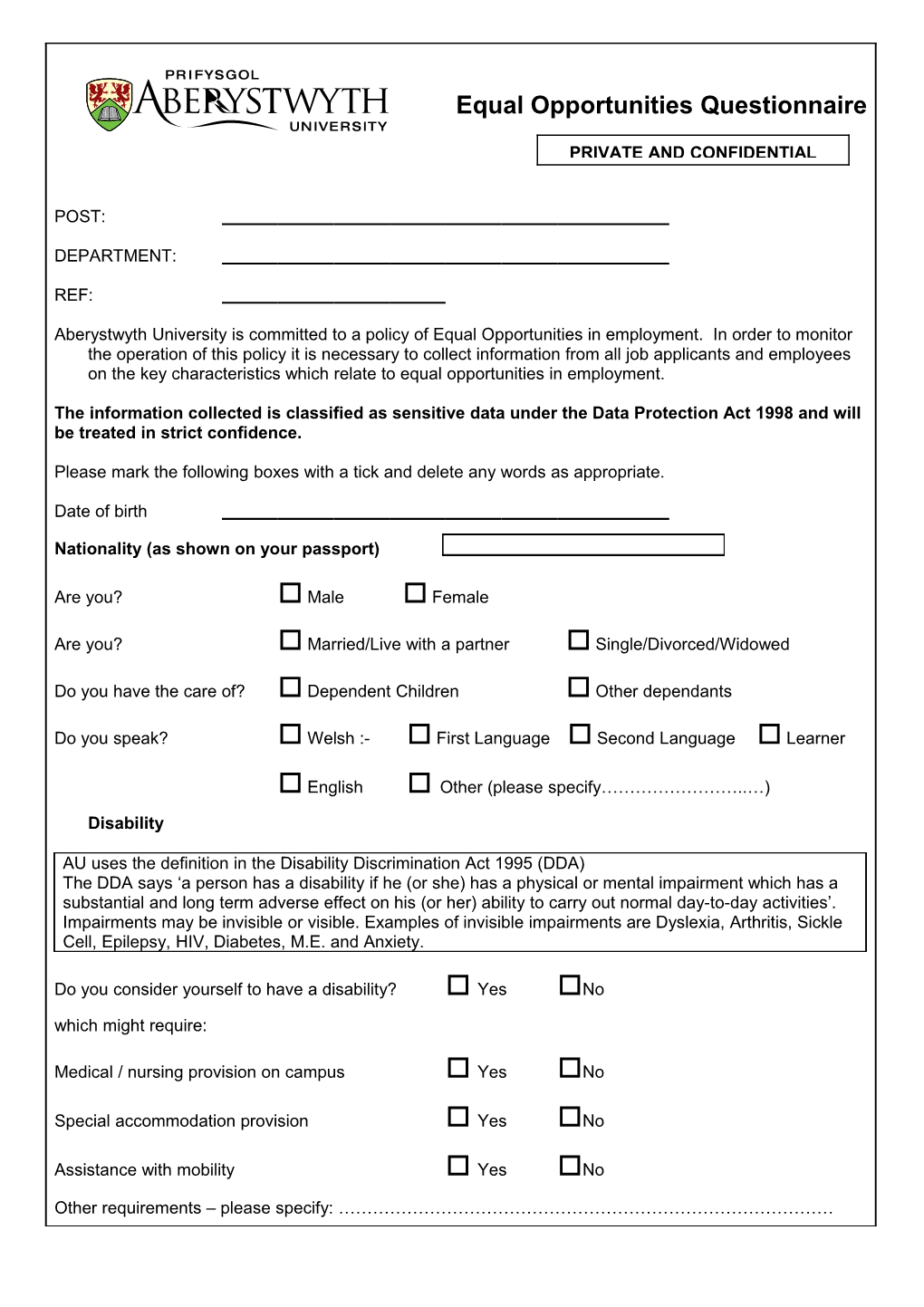 Equal Opportunities Questionnaire