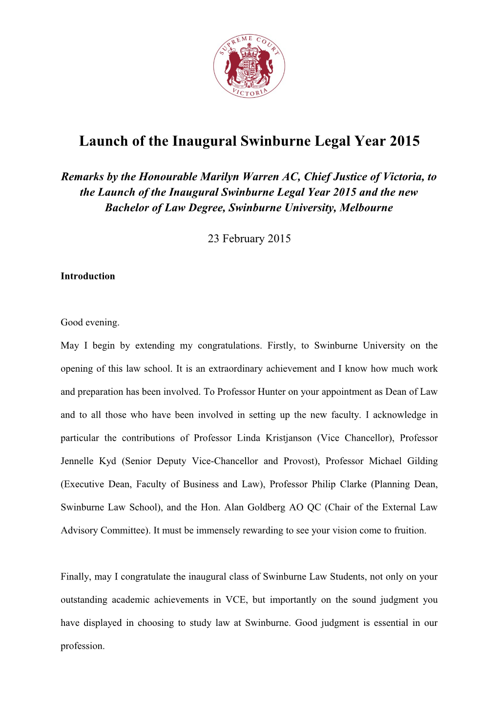 Launch of the Inaugural Swinburne Legal Year 2015
