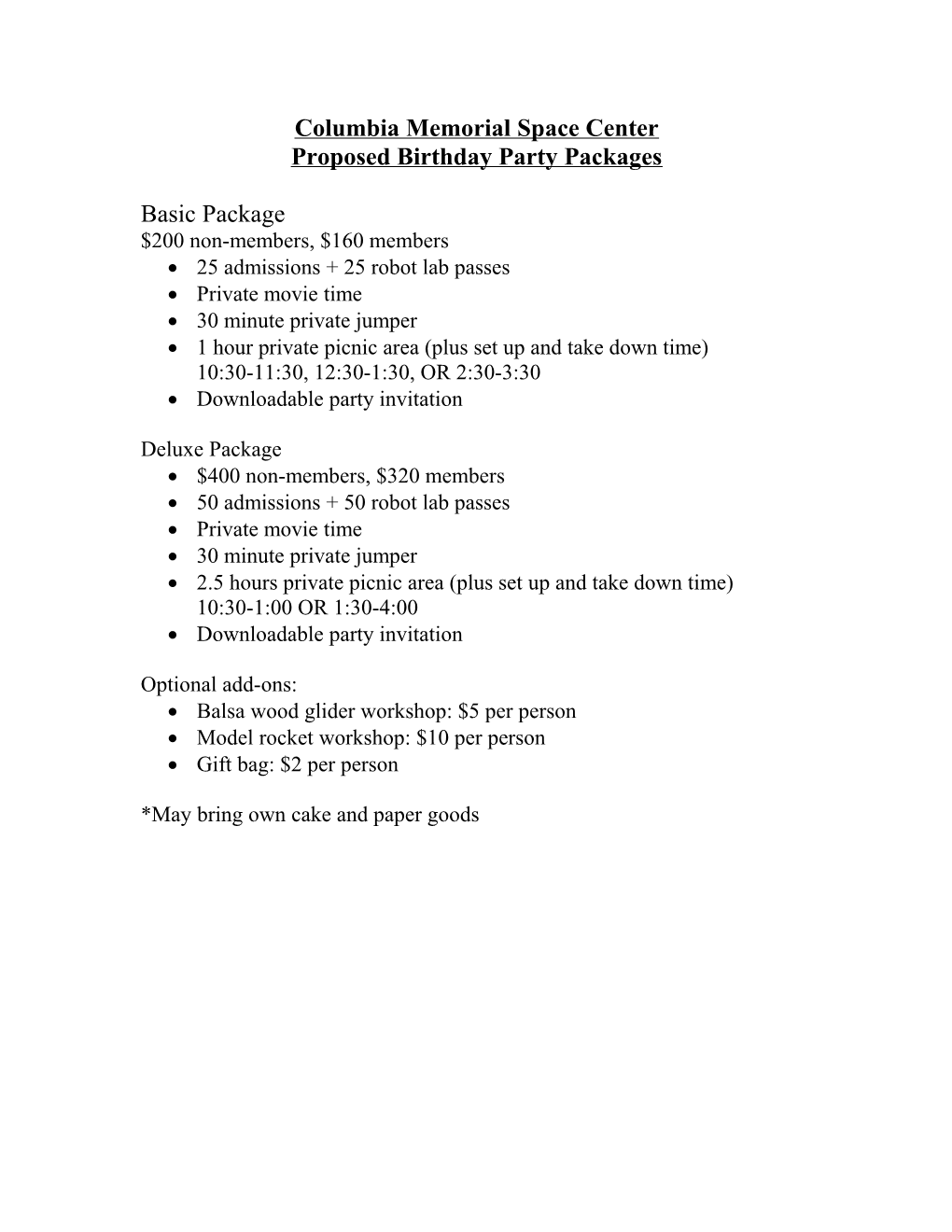 Proposed Birthday Party Packages