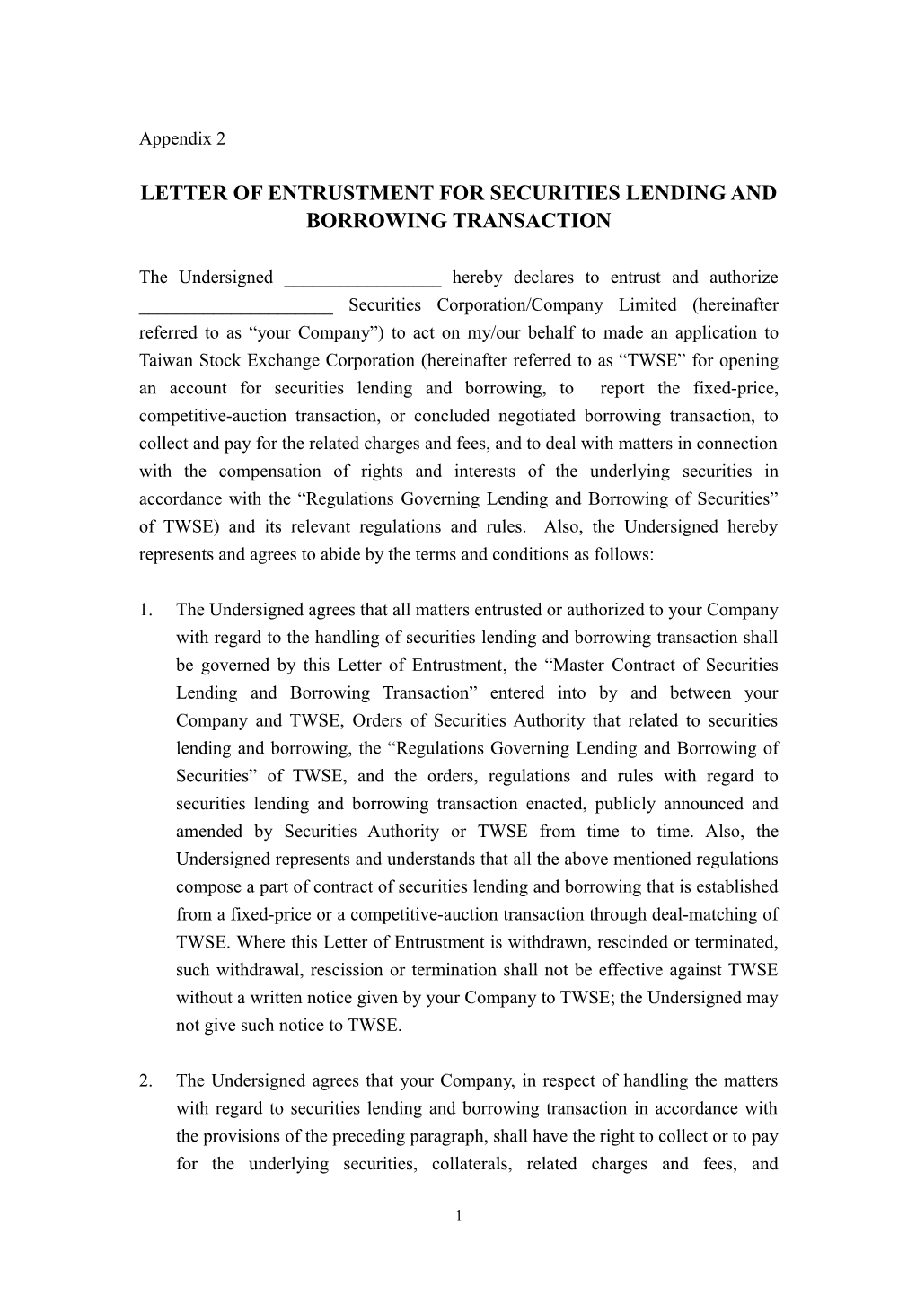 Letter of Entrustment for Securities Lending and Borrowing Transaction