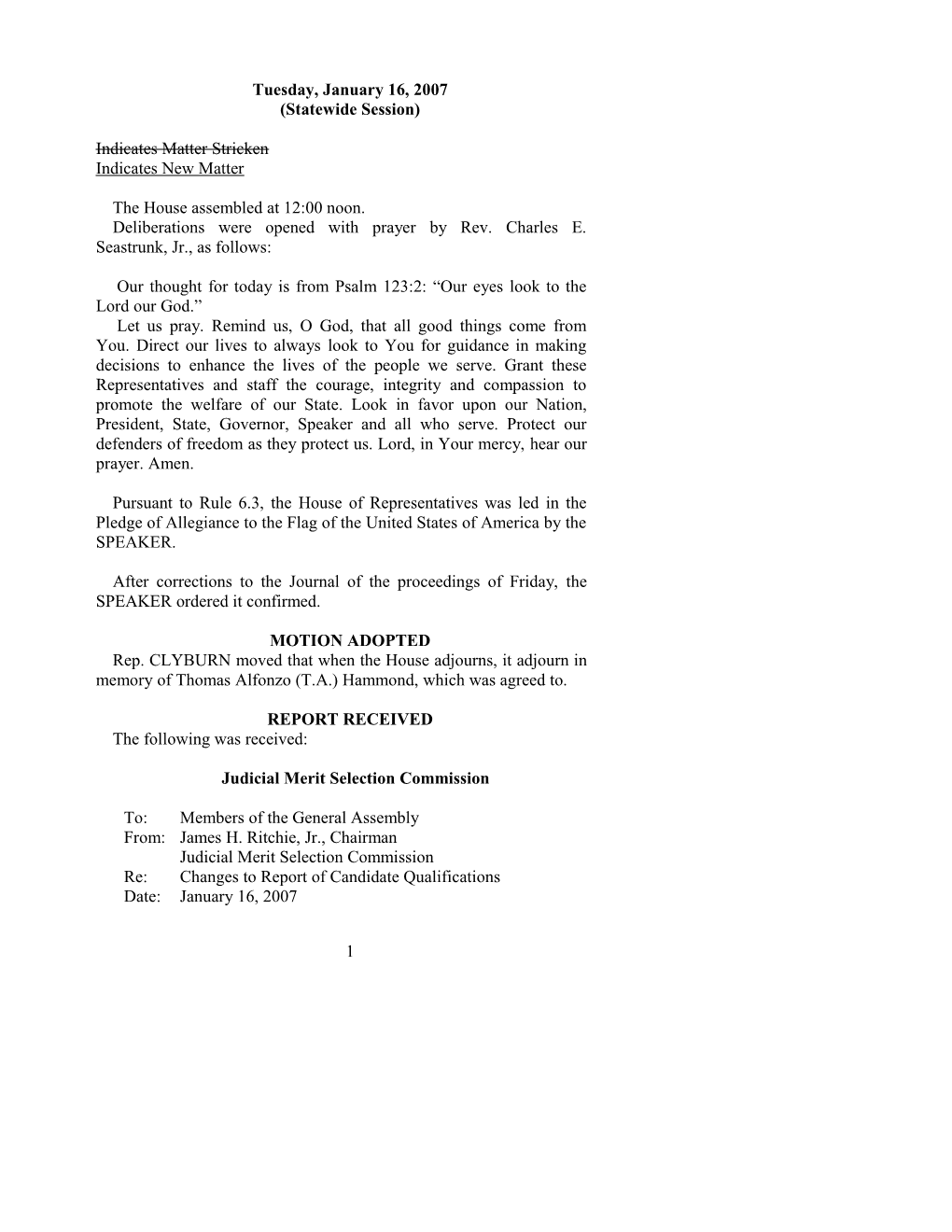 House Journal for Jan. 16, 2007 - South Carolina Legislature Online
