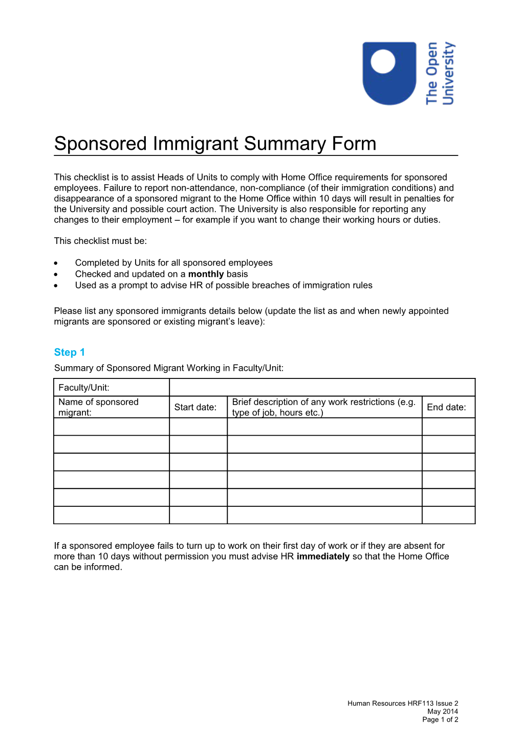 Sponsored Immigrant Chcecklis Form HRF113