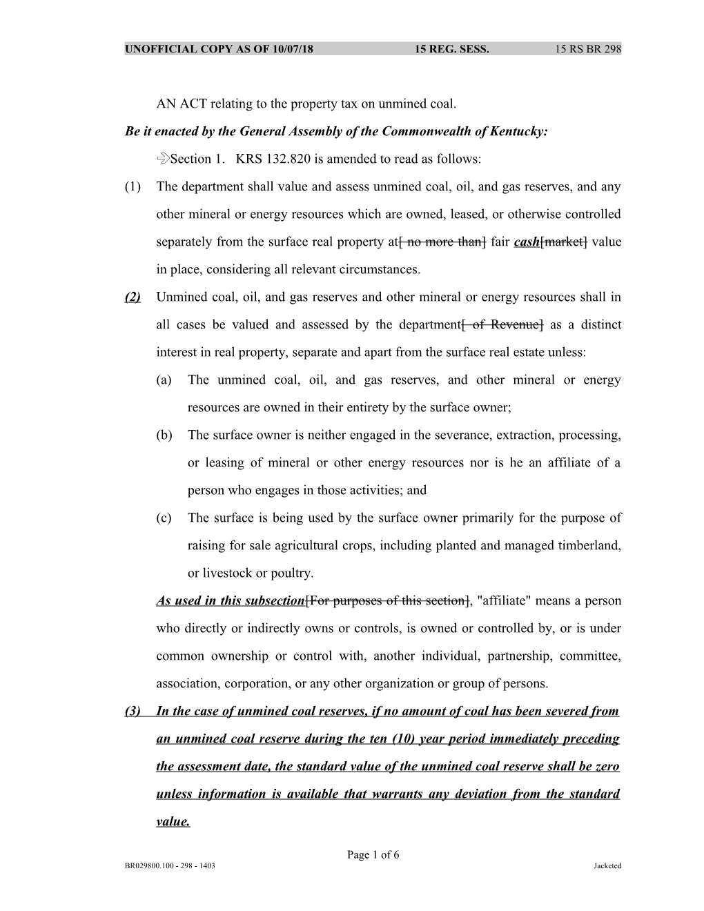 AN ACT Relating to the Property Tax on Unmined Coal