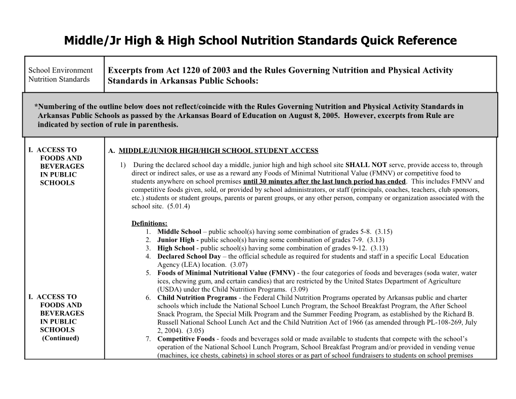 Middle/Jr High & High School Nutrition Standards Quick Reference