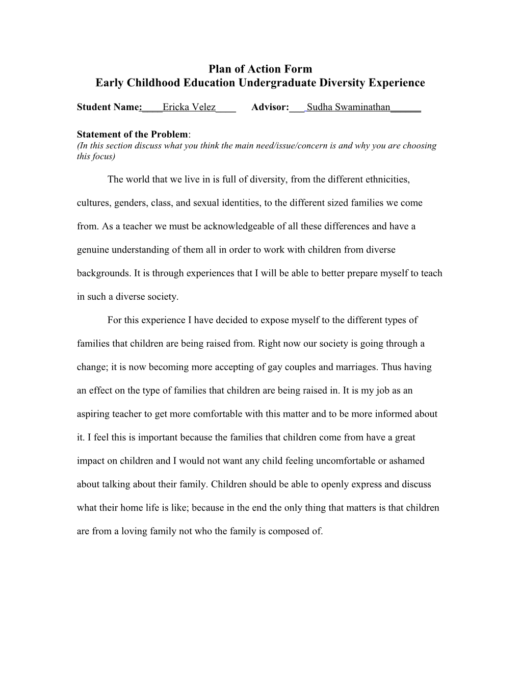 Early Childhood Education Undergraduate Diversity Experience