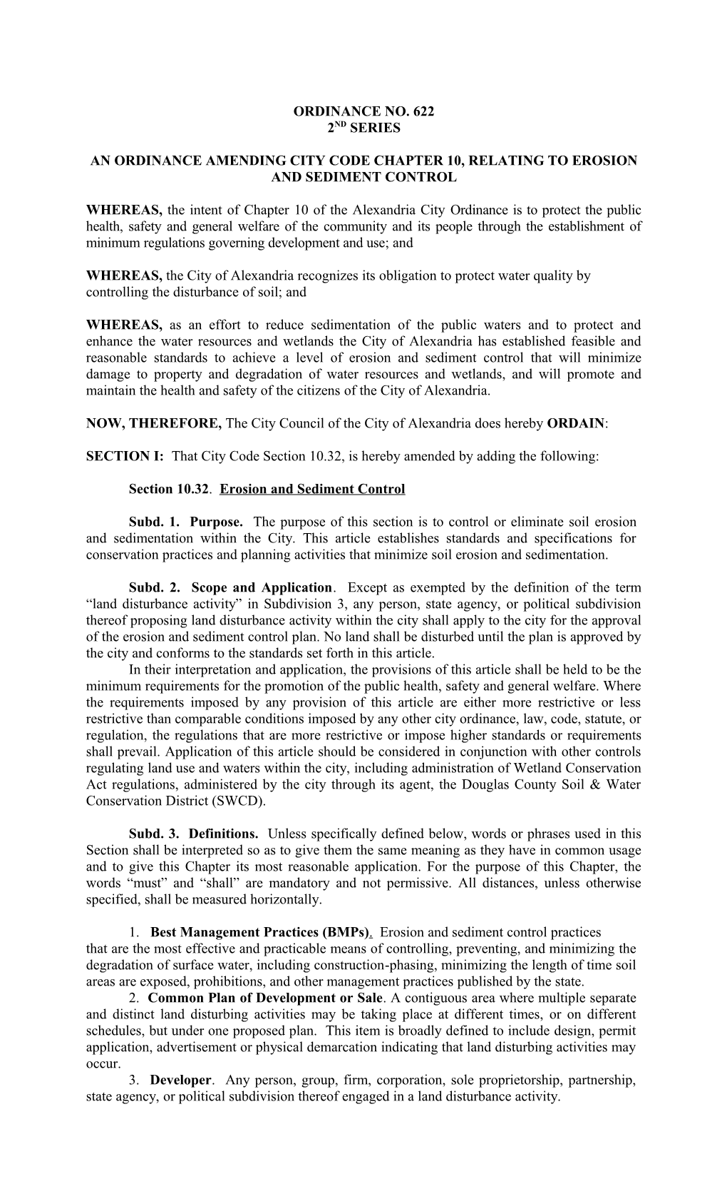 An Ordinance Amending City Code Chapter 10, Relating to Erosion and Sediment Control