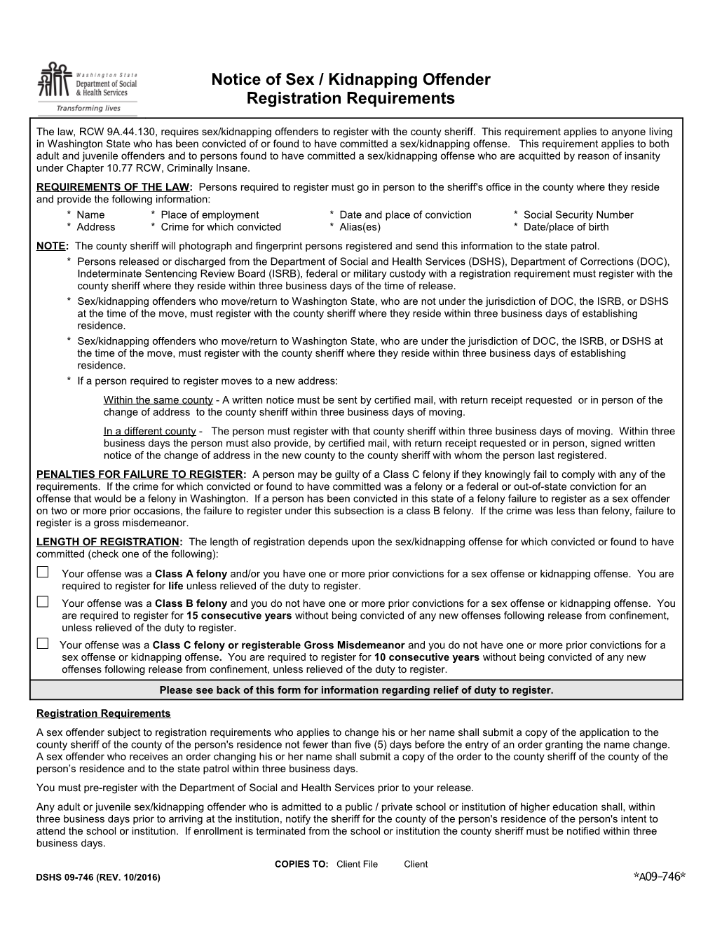 Notice of Sex / Kidnapping Offender Registration Requirements